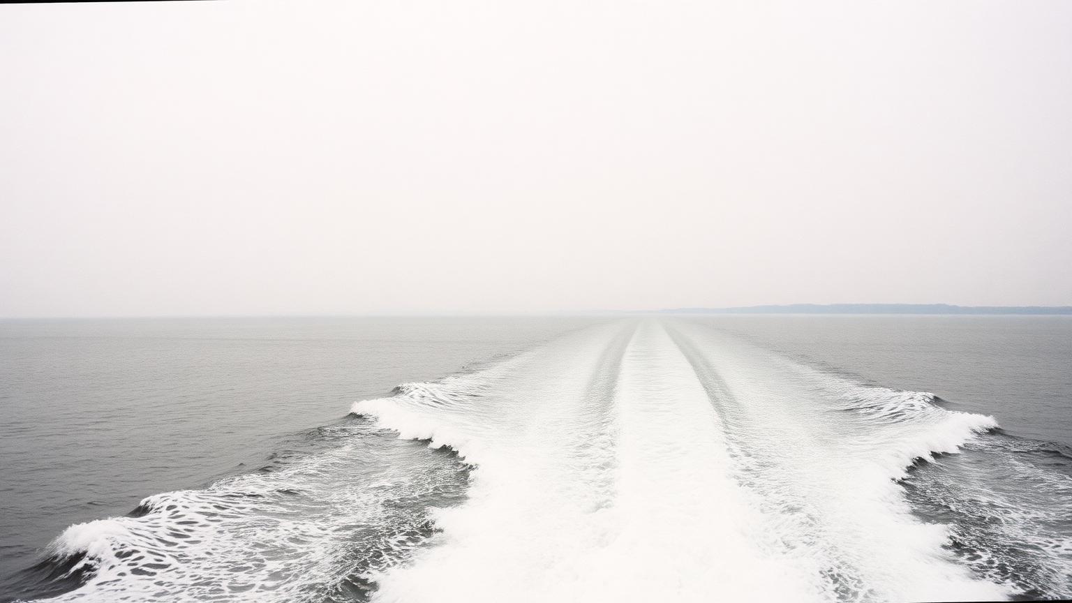 Färjekölvatten över Öresund med dansk kust i horisonten