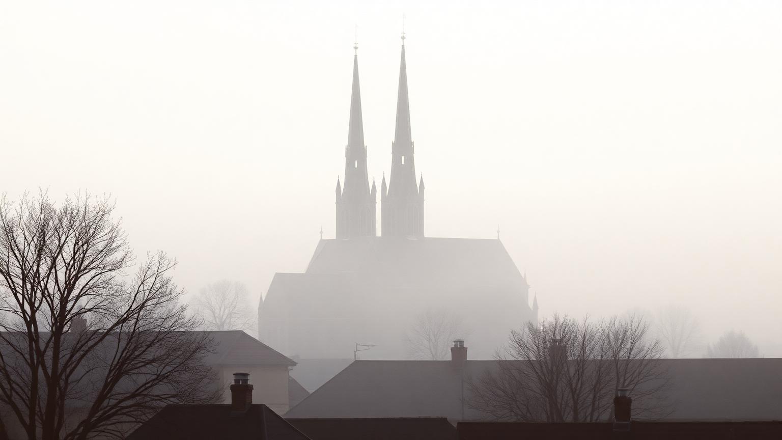 Domkyrkans spiror över Uppsalas tak i morgondimma