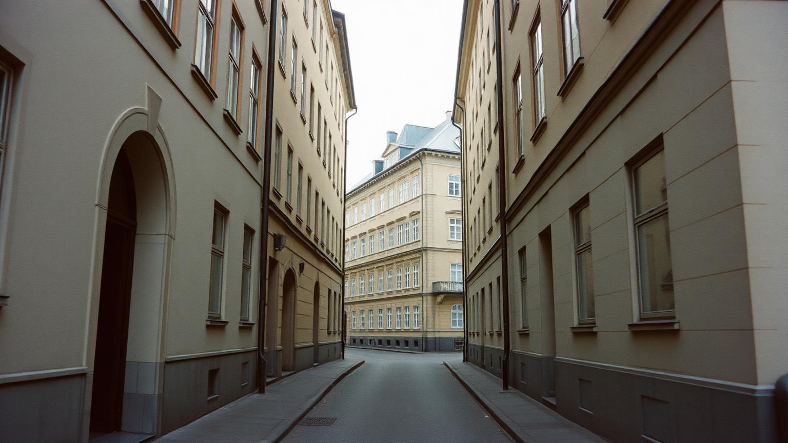 Tyst stenbelagd gata mellan höga fasader i centrala Stockholm